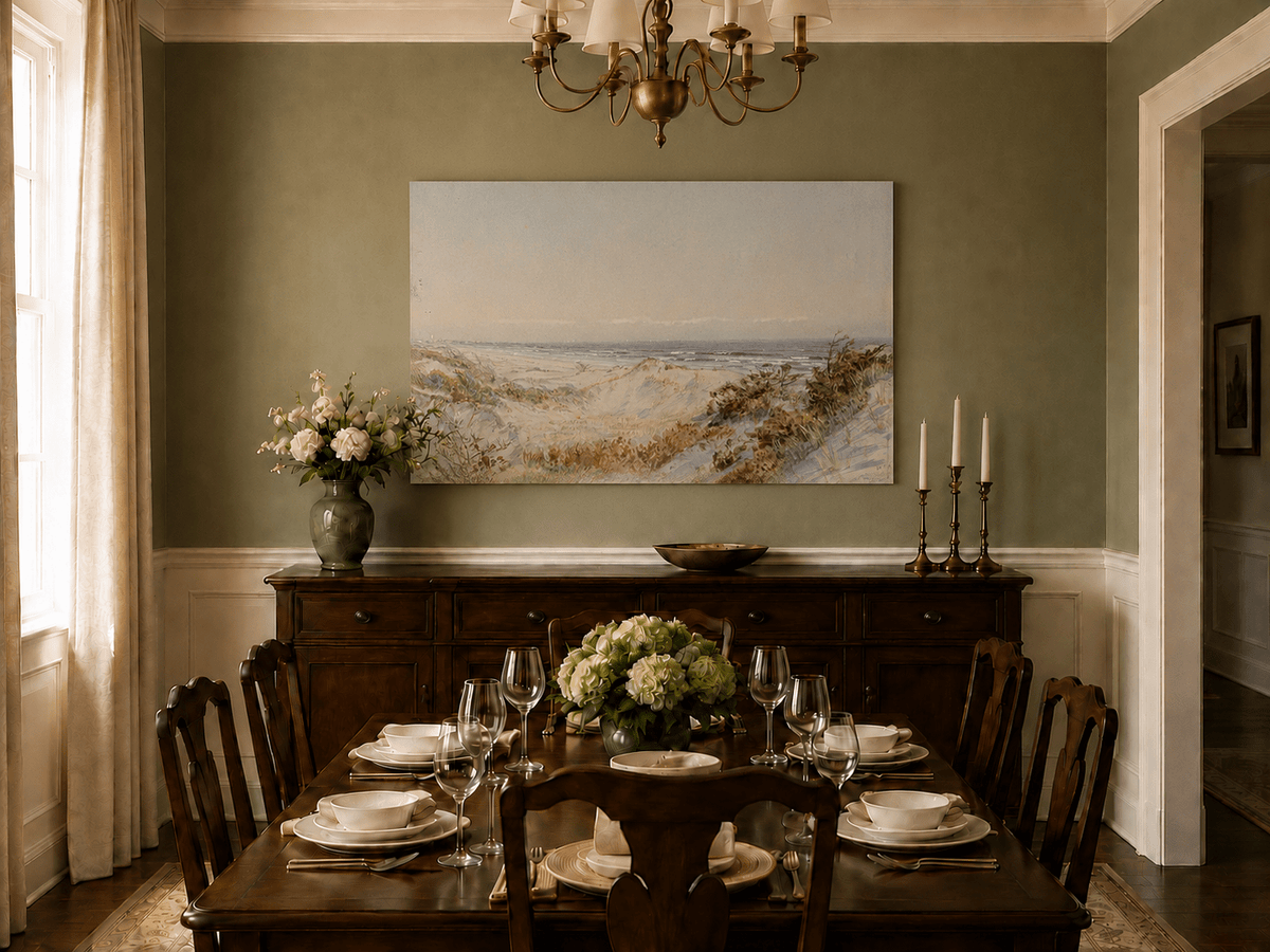 Unframed hand-painted coastal oil painting with sand dunes, beach grass and a calm ocean displayed above a formal dining table.