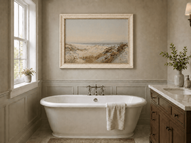 Framed hand-painted coastal oil painting with sand dunes, beach grass and a calm ocean displayed above a freestanding bathtub.