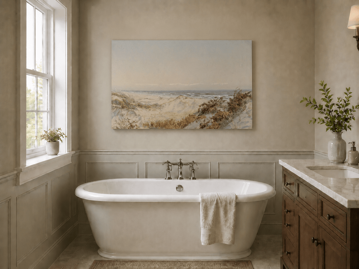 Unframed hand-painted coastal oil painting with sand dunes, beach grass and a calm ocean displayed above a freestanding bathtub.