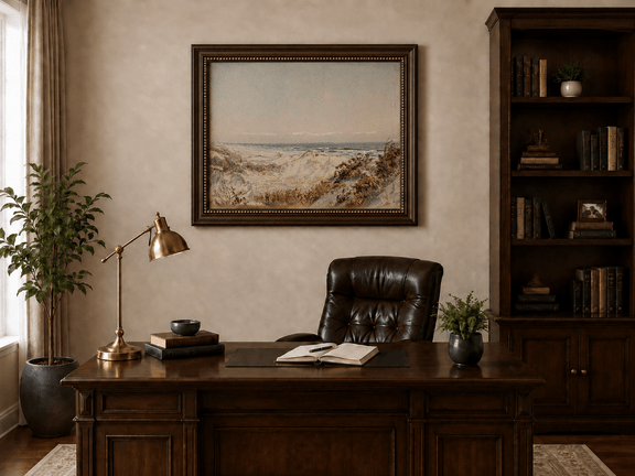 Framed hand-painted coastal oil painting with sand dunes, beach grass and a calm ocean displayed above a traditional home office desk.