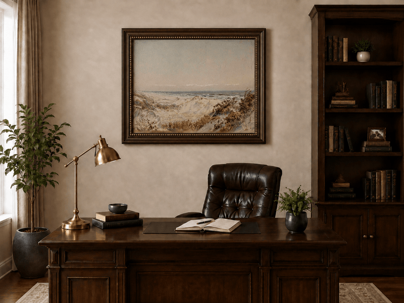 Framed hand-painted coastal oil painting with sand dunes, beach grass and a calm ocean displayed above a traditional home office desk.
