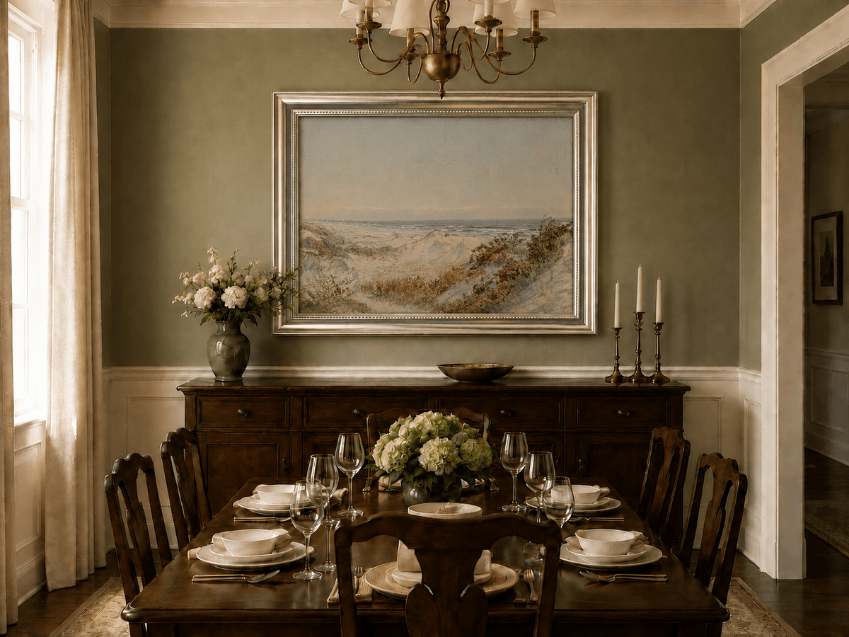 Framed hand-painted coastal oil painting with sand dunes, beach grass and a calm ocean displayed above a formal dining table.