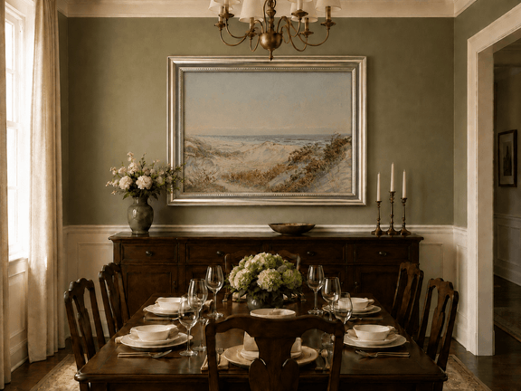 Framed hand-painted coastal oil painting with sand dunes, beach grass and a calm ocean displayed above a formal dining table.