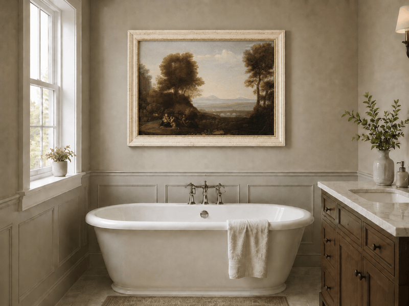 Landscape Oil Painting - Scenic Figures & Bridge