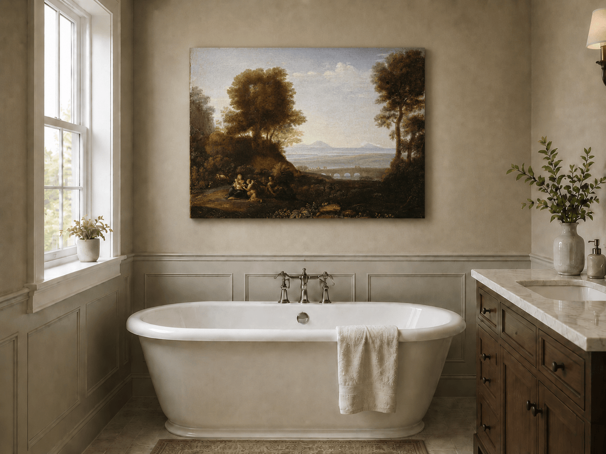 Landscape Oil Painting - Scenic Figures & Bridge