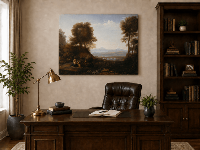 Landscape Oil Painting - Scenic Figures & Bridge