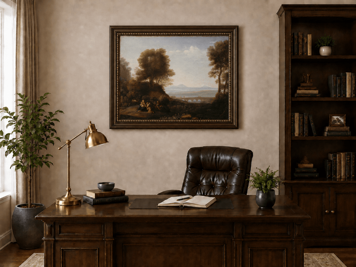 Landscape Oil Painting - Scenic Figures & Bridge