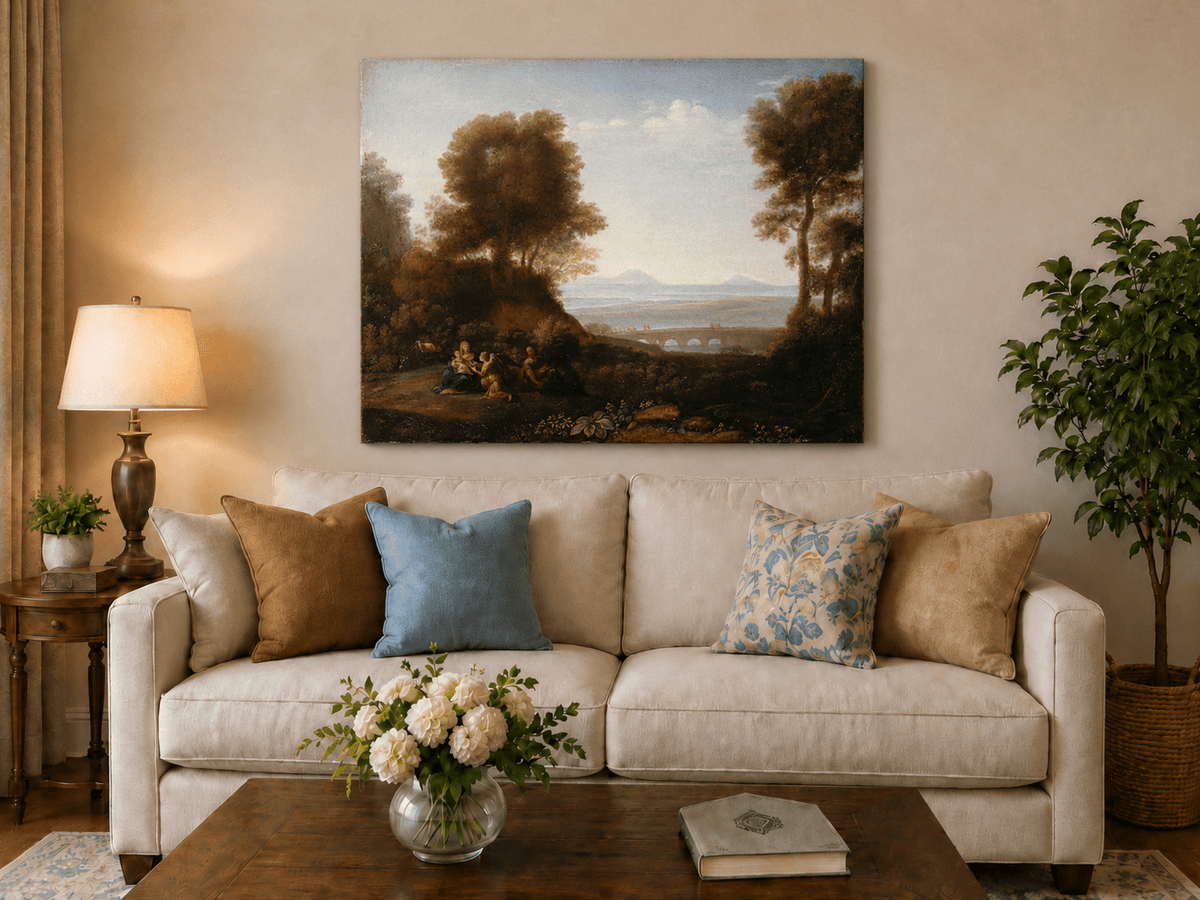 Landscape Oil Painting - Scenic Figures & Bridge