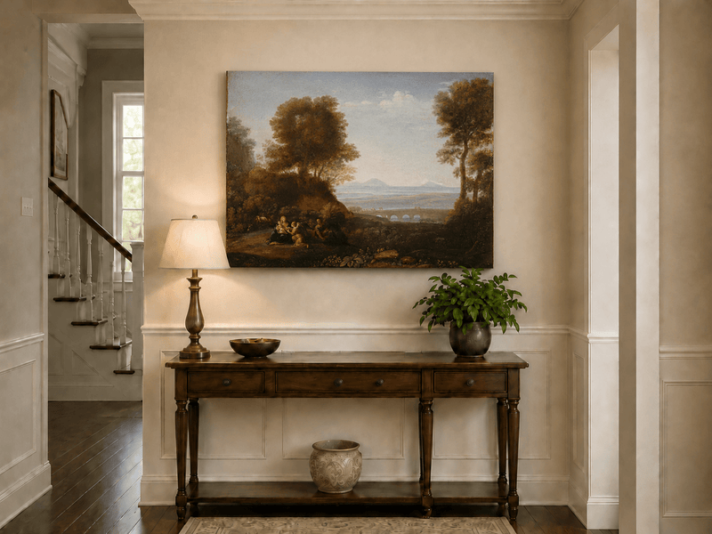 Landscape Oil Painting - Scenic Figures & Bridge