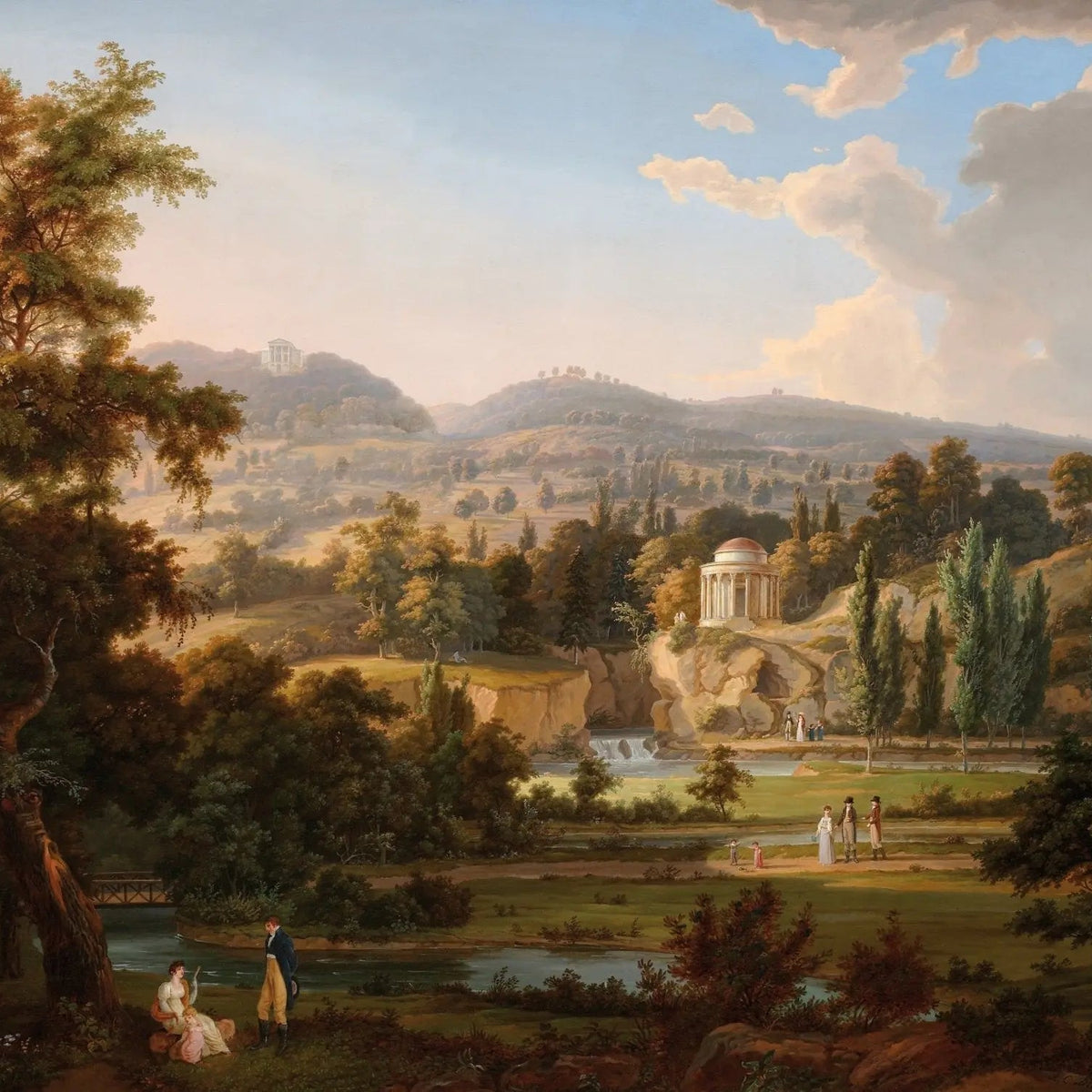 Landscape Oil Painting - Scenic Park with Figures & Temple - Oil Painting Haven