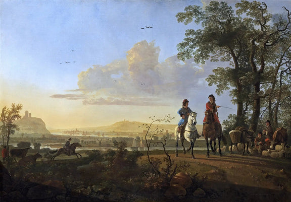 Landscape Oil Painting - Scenic View with Figures on Horseback & Livestock - Oil Painting Haven
