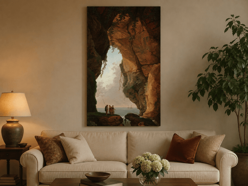 Landscape Oil Painting - Sea Cave Arch with Coastal Figures