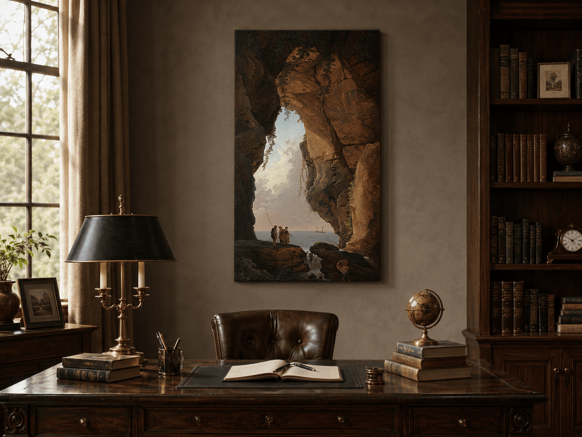 Landscape Oil Painting - Sea Cave Arch with Coastal Figures