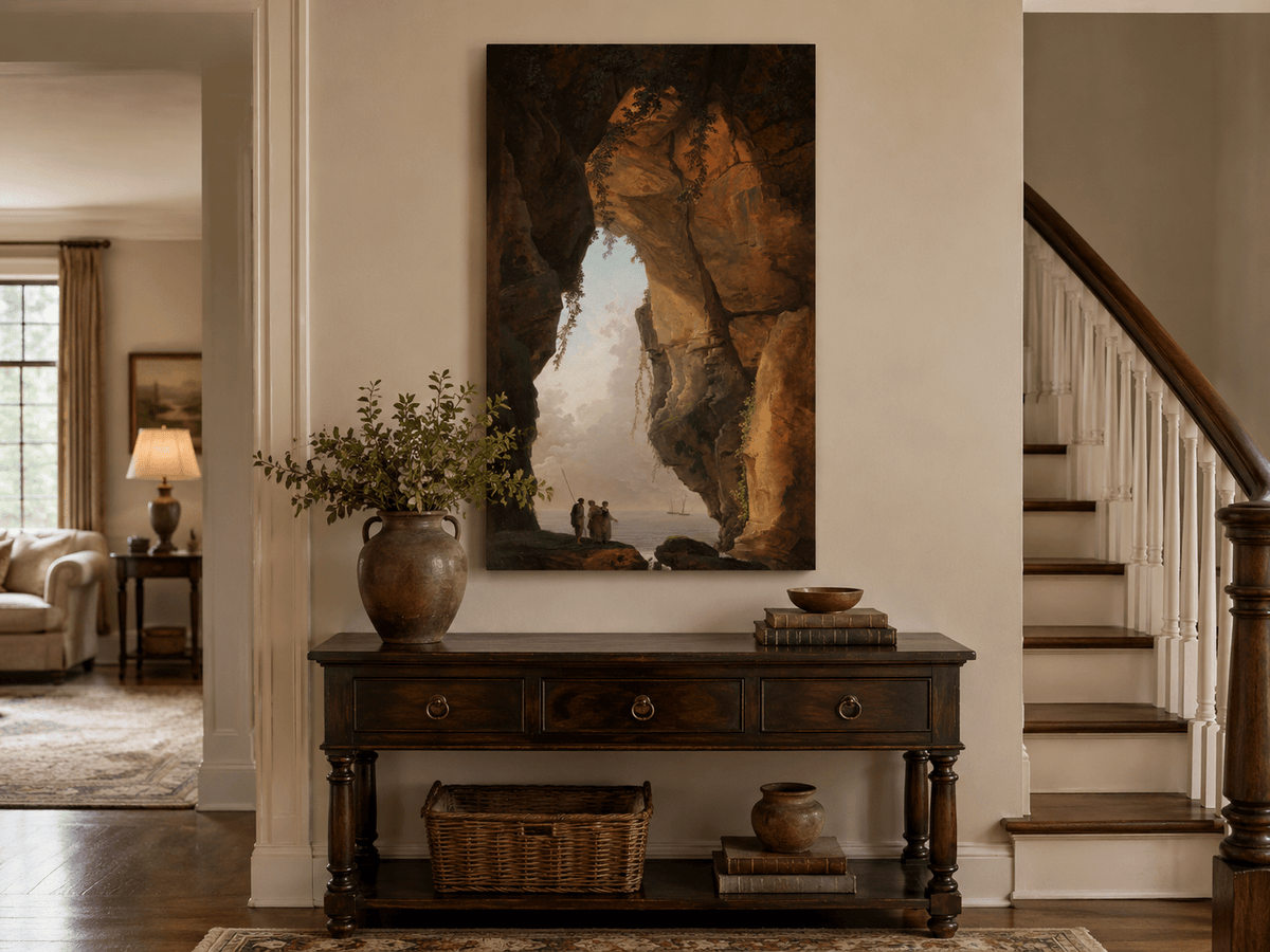 Landscape Oil Painting - Sea Cave Arch with Coastal Figures