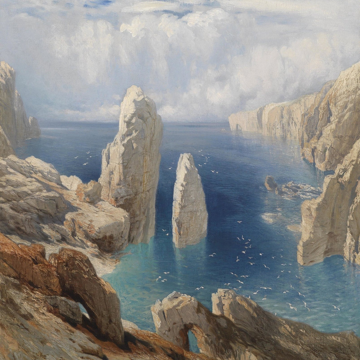 Landscape Oil Painting - sea cliff pinnacles turquoise waters & seabirds - Oil Painting Haven