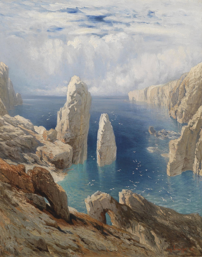 Landscape Oil Painting - sea cliff pinnacles turquoise waters & seabirds - Oil Painting Haven