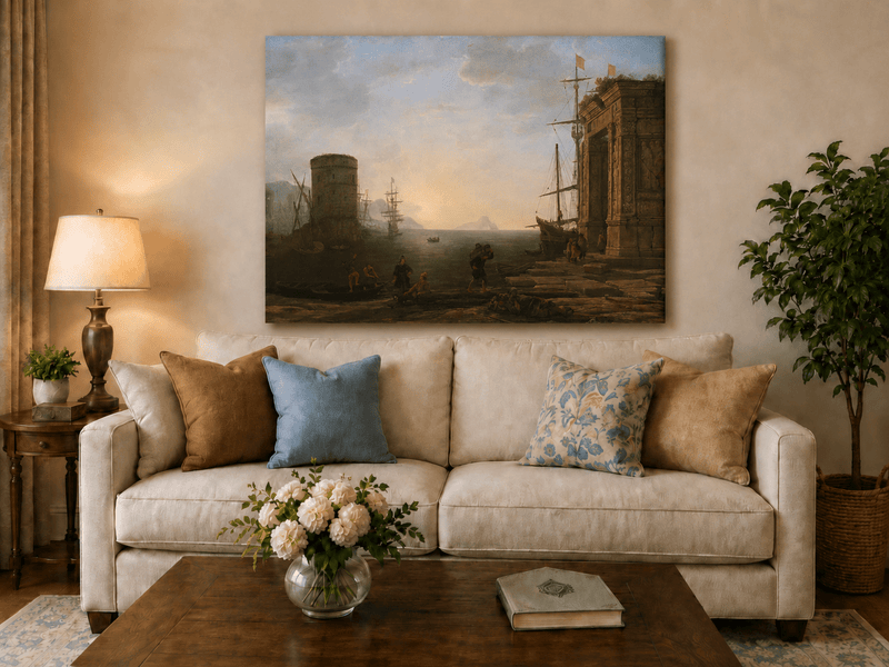 Landscape Oil Painting - Seaport Ancient Ruins & Ships