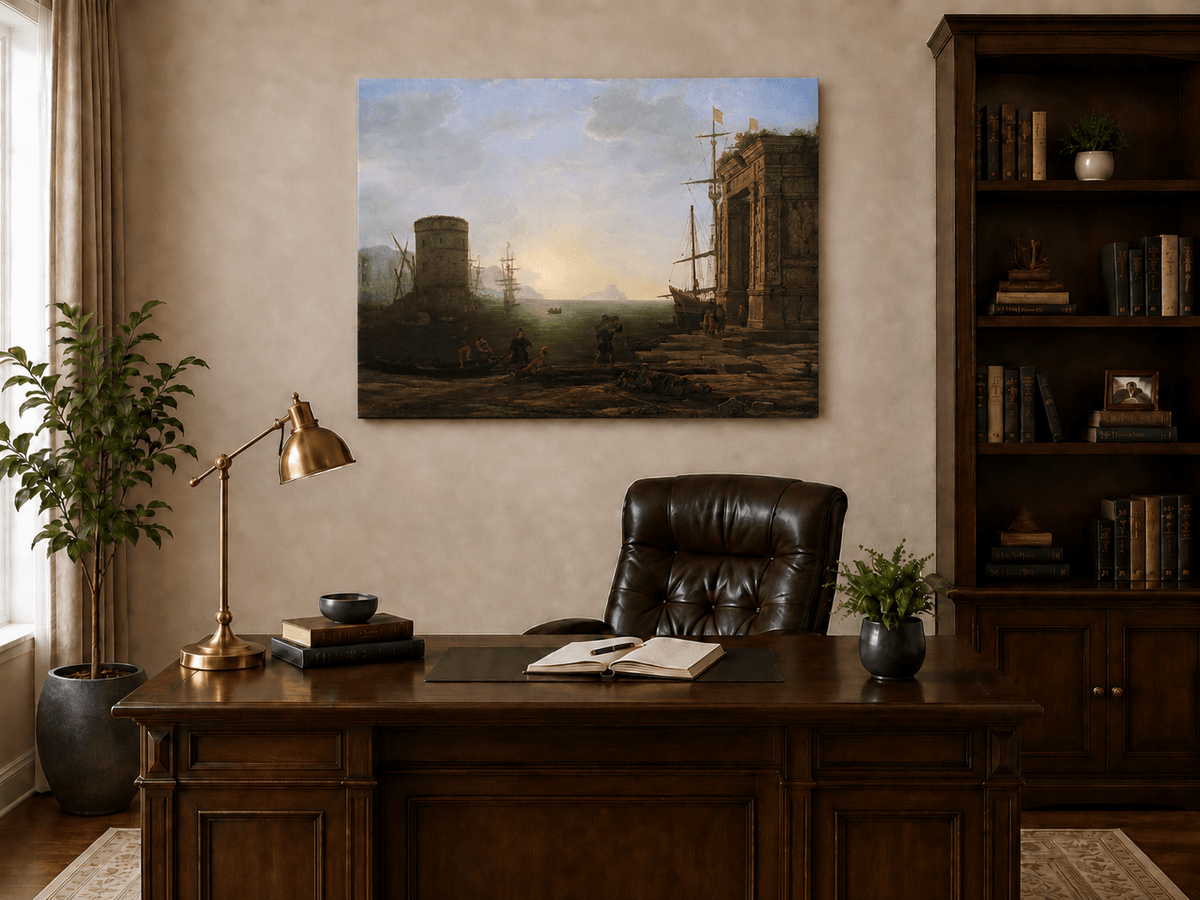 Landscape Oil Painting - Seaport Ancient Ruins & Ships