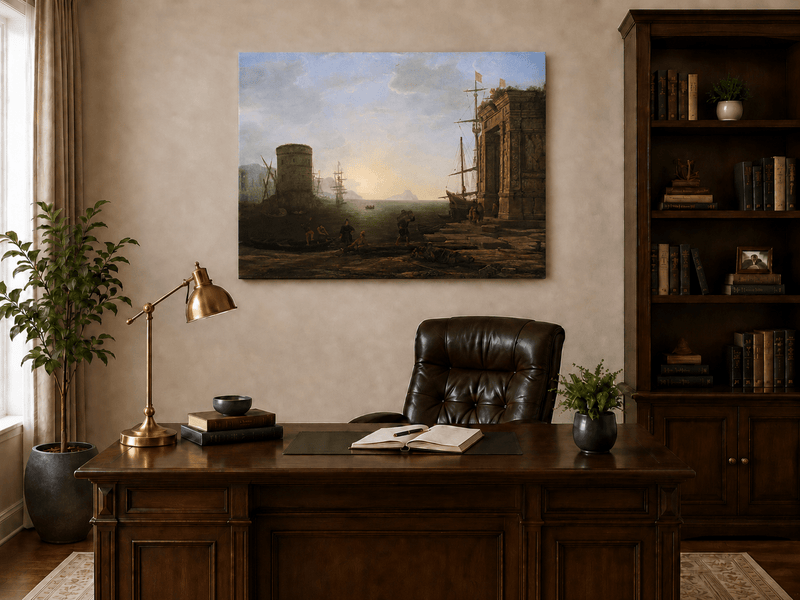 Landscape Oil Painting - Seaport Ancient Ruins & Ships