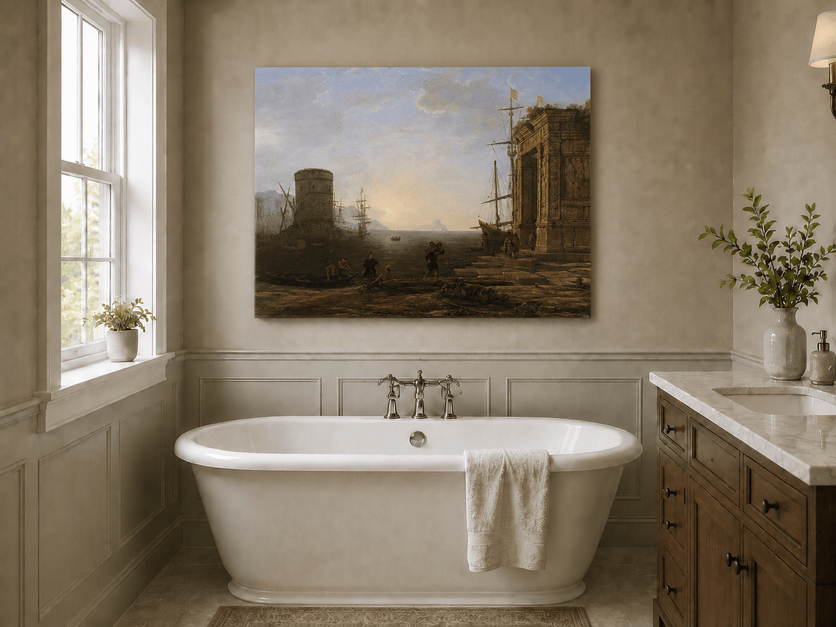 Landscape Oil Painting - Seaport Ancient Ruins & Ships