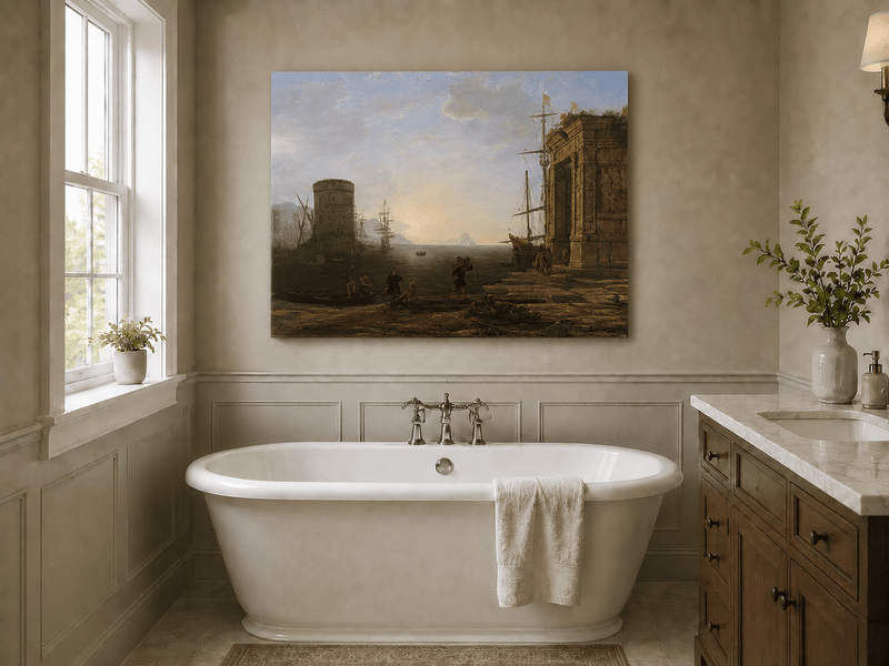 Landscape Oil Painting - Seaport Ancient Ruins & Ships