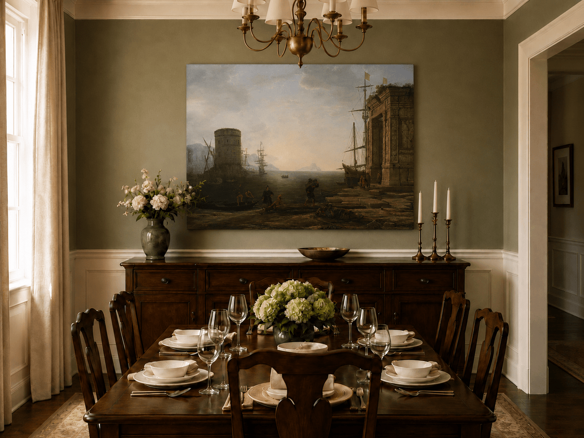 Landscape Oil Painting - Seaport Ancient Ruins & Ships