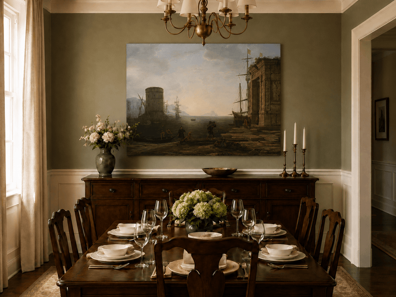 Landscape Oil Painting - Seaport Ancient Ruins & Ships