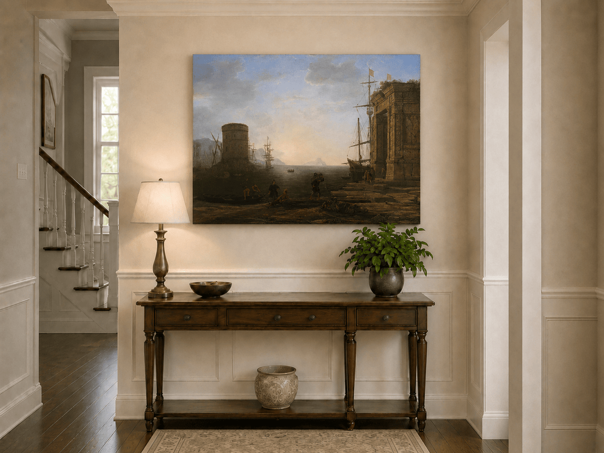 Landscape Oil Painting - Seaport Ancient Ruins & Ships