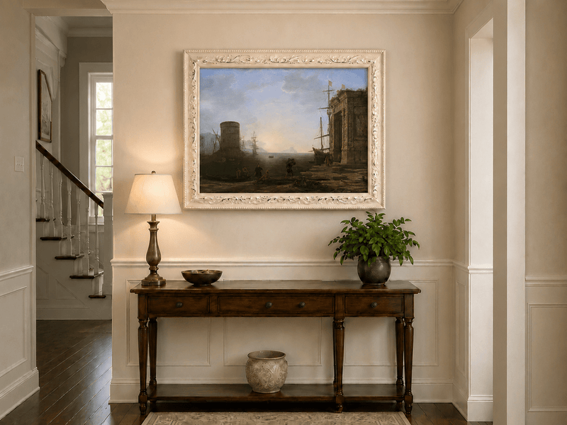 Landscape Oil Painting - Seaport Ancient Ruins & Ships