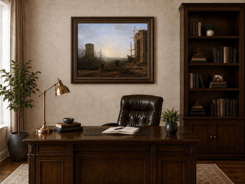 Landscape Oil Painting - Seaport Ancient Ruins & Ships