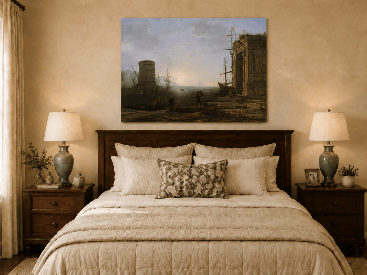 Landscape Oil Painting - Seaport Ancient Ruins & Ships