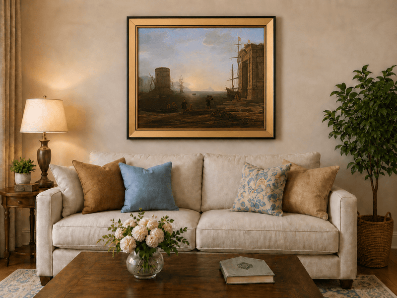 Landscape Oil Painting - Seaport Ancient Ruins & Ships