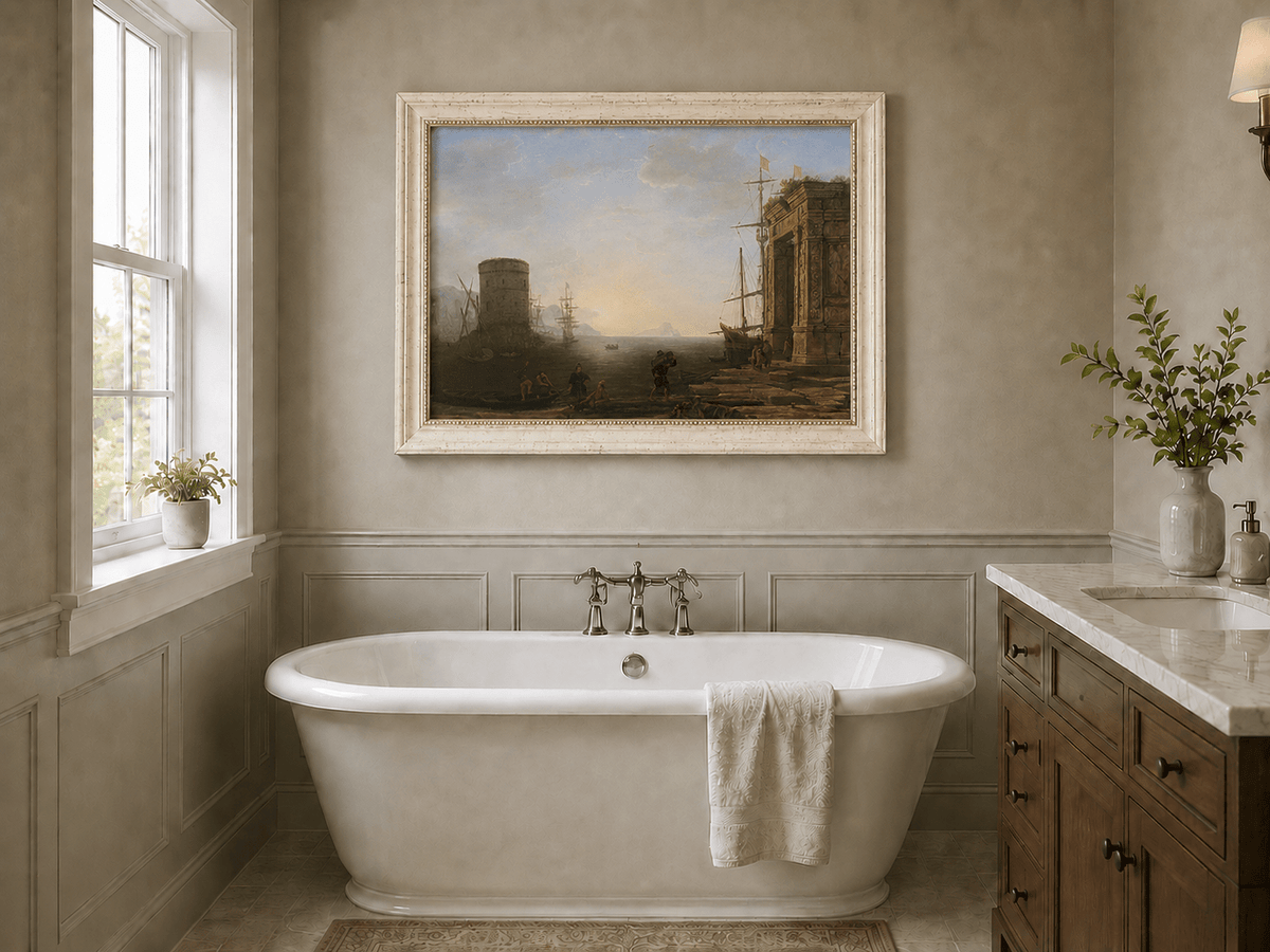 Landscape Oil Painting - Seaport Ancient Ruins & Ships
