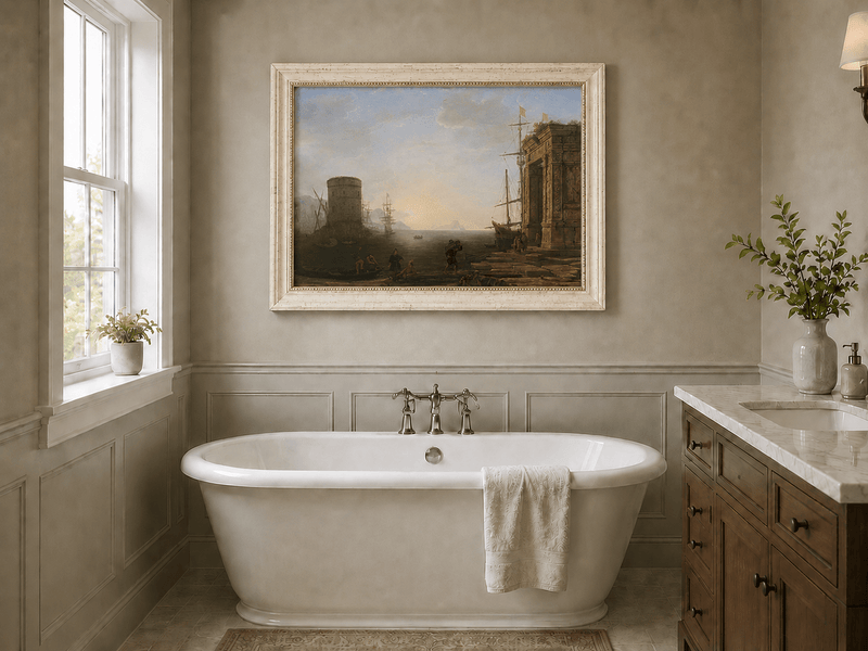 Landscape Oil Painting - Seaport Ancient Ruins & Ships