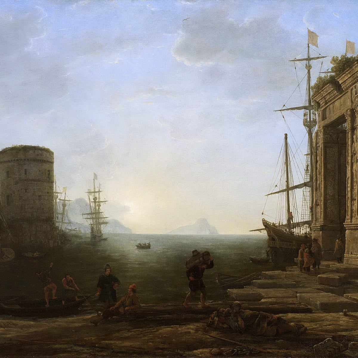 Landscape Oil Painting - Seaport with Ancient Ruins and Ships Wall Art - Oil Painting Haven