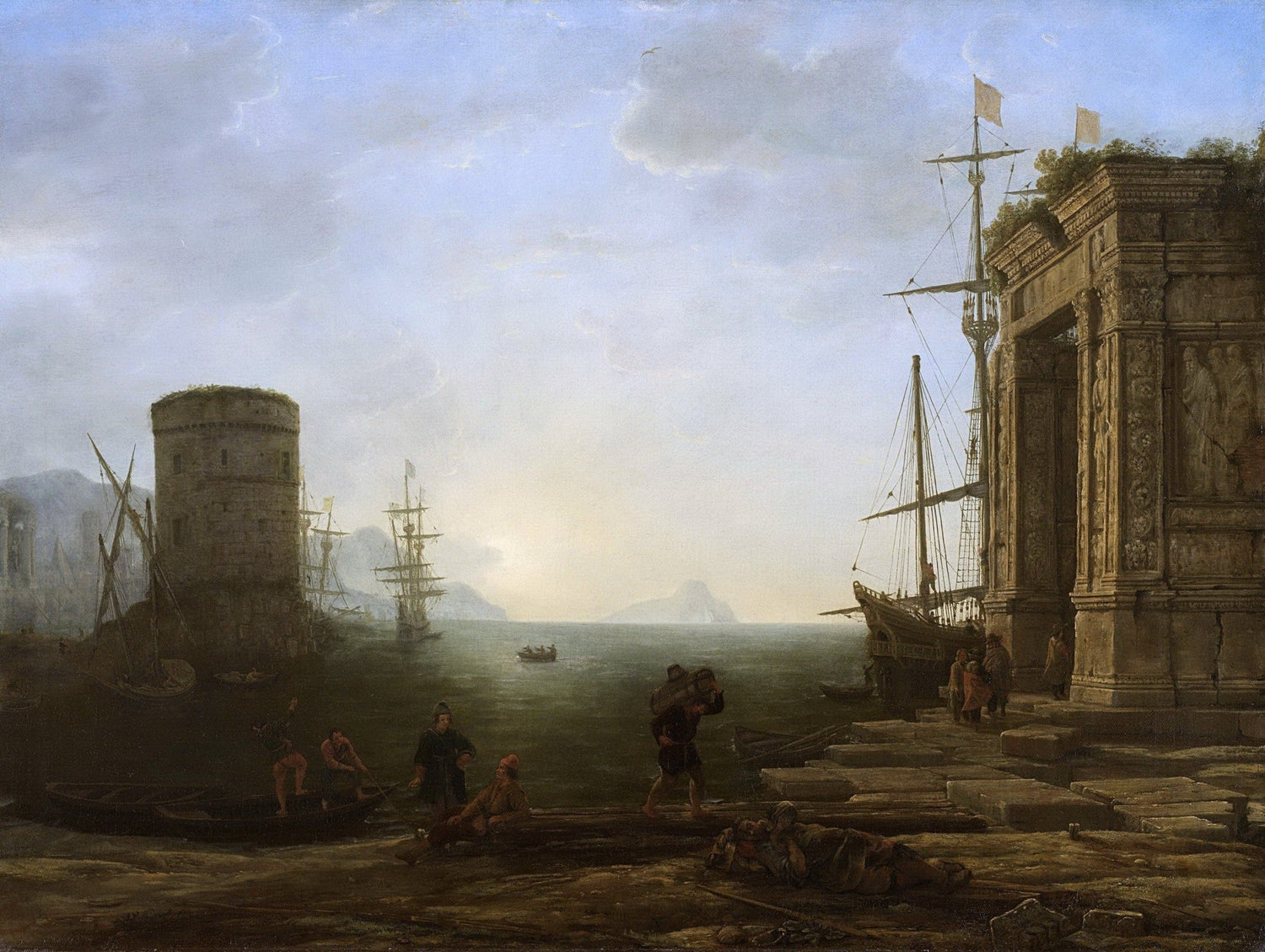 Landscape Oil Painting - Seaport with Ancient Ruins and Ships Wall Art - Oil Painting Haven
