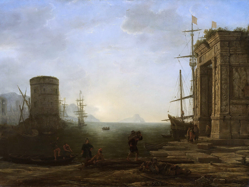 Landscape Oil Painting - Seaport with Ancient Ruins and Ships Wall Art - Oil Painting Haven