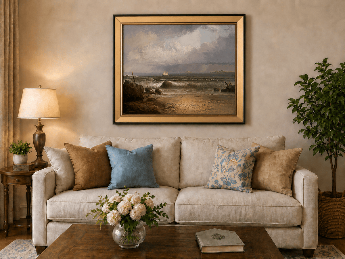 Peinture à l'huile de paysage - Plage en bord de mer, vagues, voilier et ciel nuageux