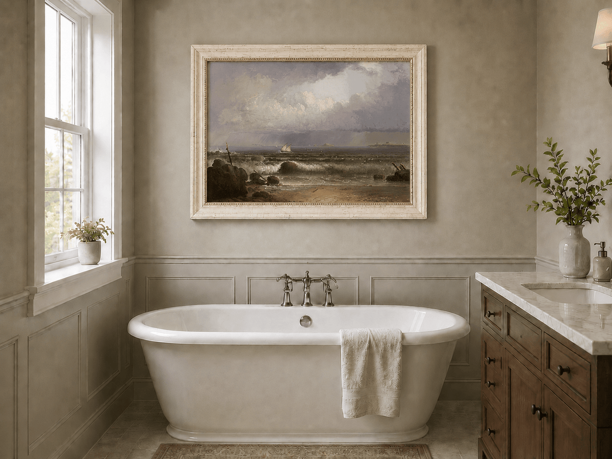 Peinture à l'huile de paysage - Plage en bord de mer, vagues, voilier et ciel nuageux