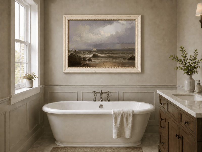 Peinture à l'huile de paysage - Plage en bord de mer, vagues, voilier et ciel nuageux