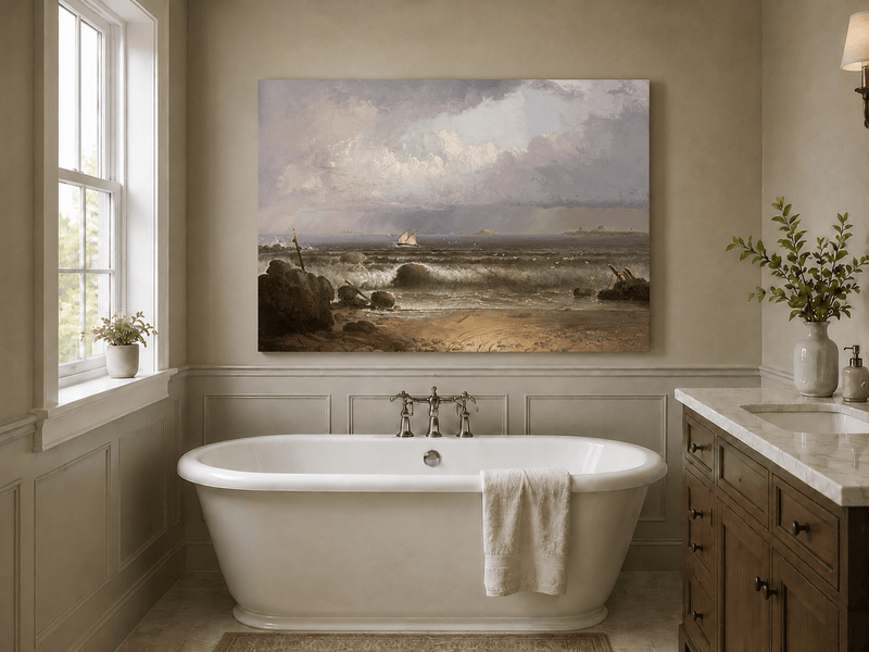 Peinture à l'huile de paysage - Plage en bord de mer, vagues, voilier et ciel nuageux