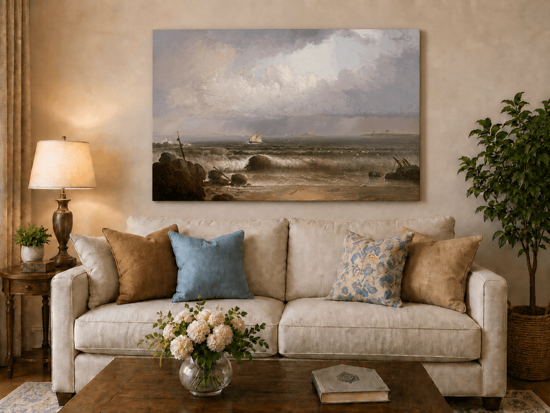 Peinture à l'huile de paysage - Plage en bord de mer, vagues, voilier et ciel nuageux