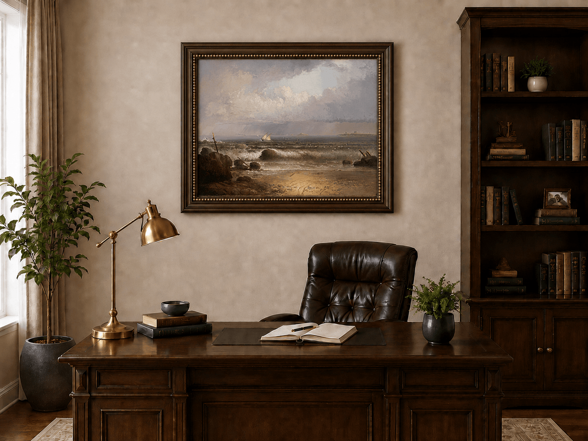 Peinture à l'huile de paysage - Plage en bord de mer, vagues, voilier et ciel nuageux