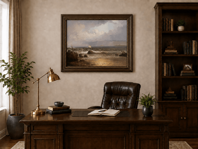 Peinture à l'huile de paysage - Plage en bord de mer, vagues, voilier et ciel nuageux