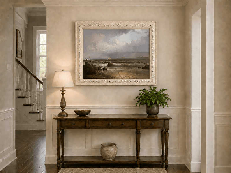 Peinture à l'huile de paysage - Plage en bord de mer, vagues, voilier et ciel nuageux