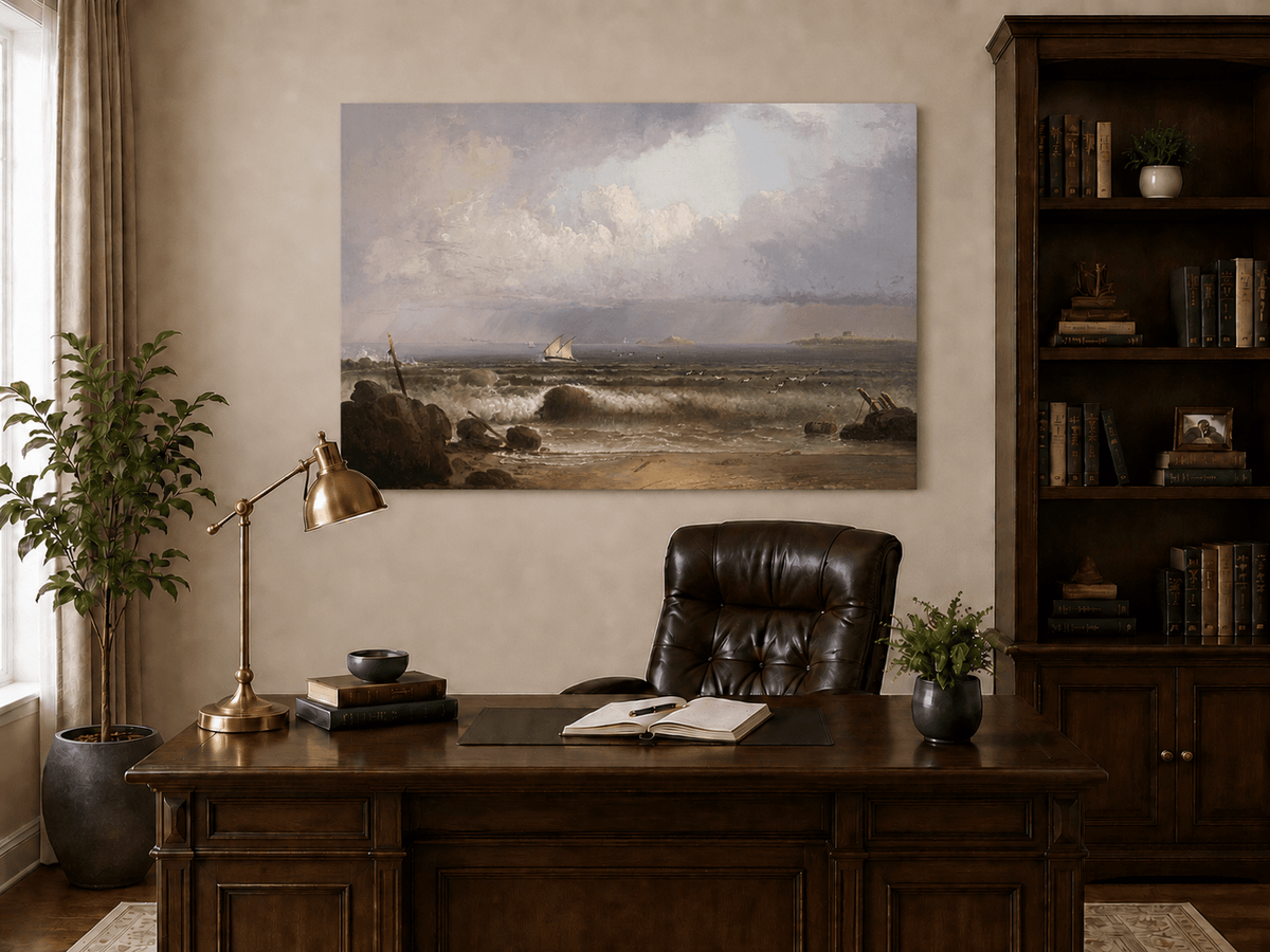 Peinture à l'huile de paysage - Plage en bord de mer, vagues, voilier et ciel nuageux