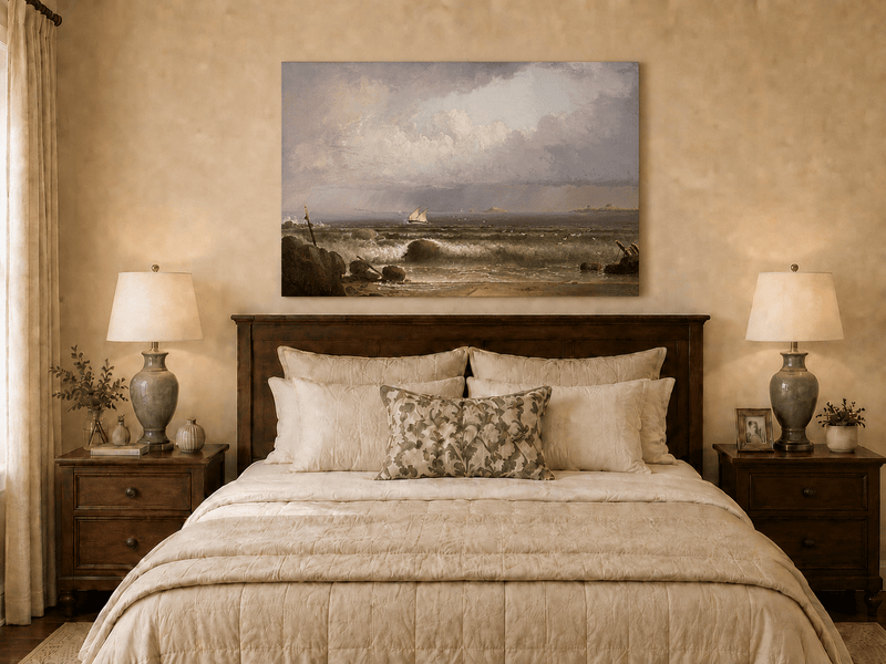 Peinture à l'huile de paysage - Plage en bord de mer, vagues, voilier et ciel nuageux