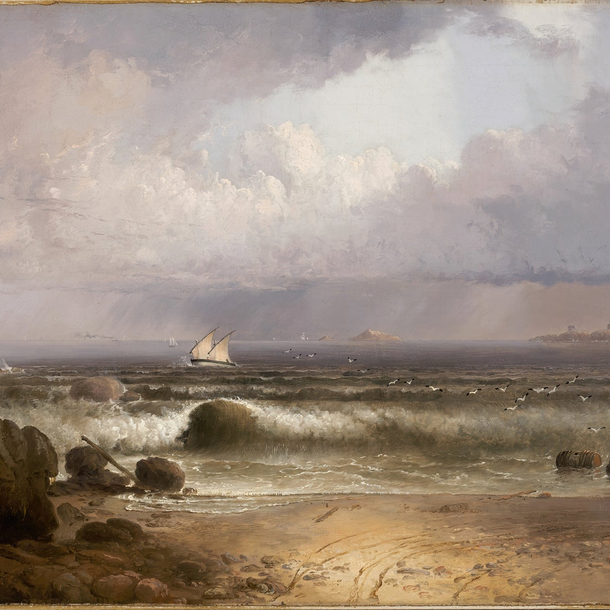 Landscape Oil Painting - Seaside Beach, Waves, Sailboat & Cloudy Skies - Oil Painting Haven