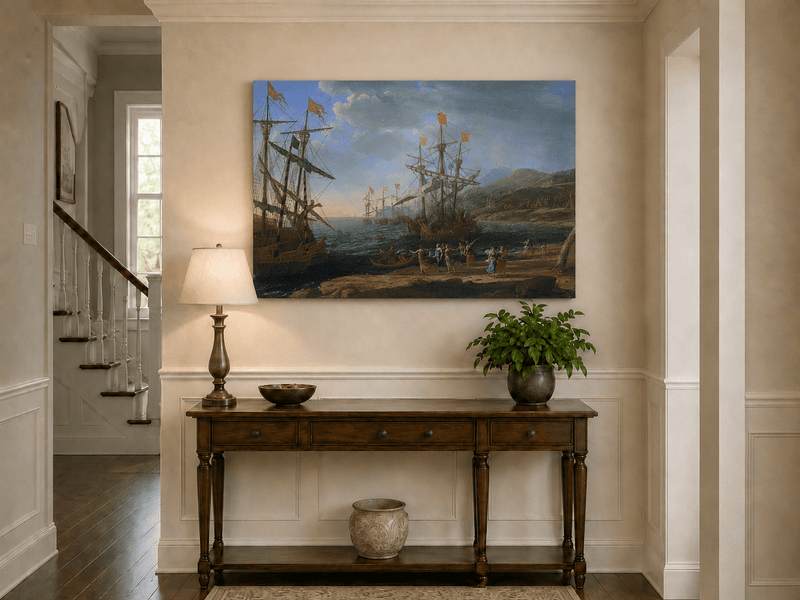 Peinture à l'huile de paysage - Bord de mer avec galions et personnages