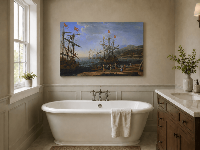 Peinture à l'huile de paysage - Bord de mer avec galions et personnages